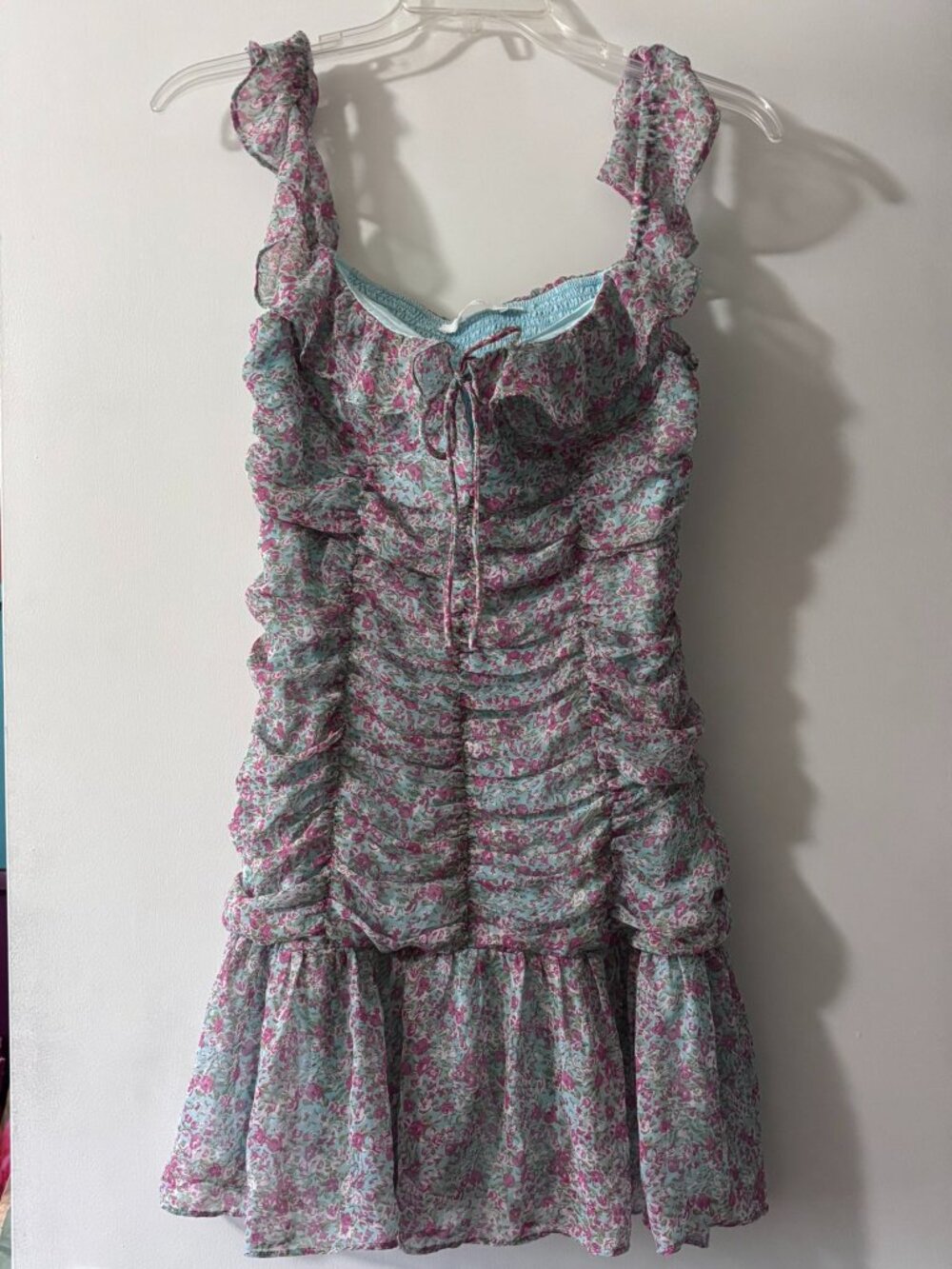 ASTR The Label Ruched Sweetheart Off-Shoulder Floral Mini Dress Teal Pink XL